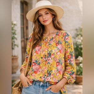 J. Crew Yellow liberty Floral long sleeve popover blouse 100% cotton size 6